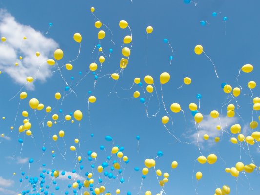 Yellow balloons in sky